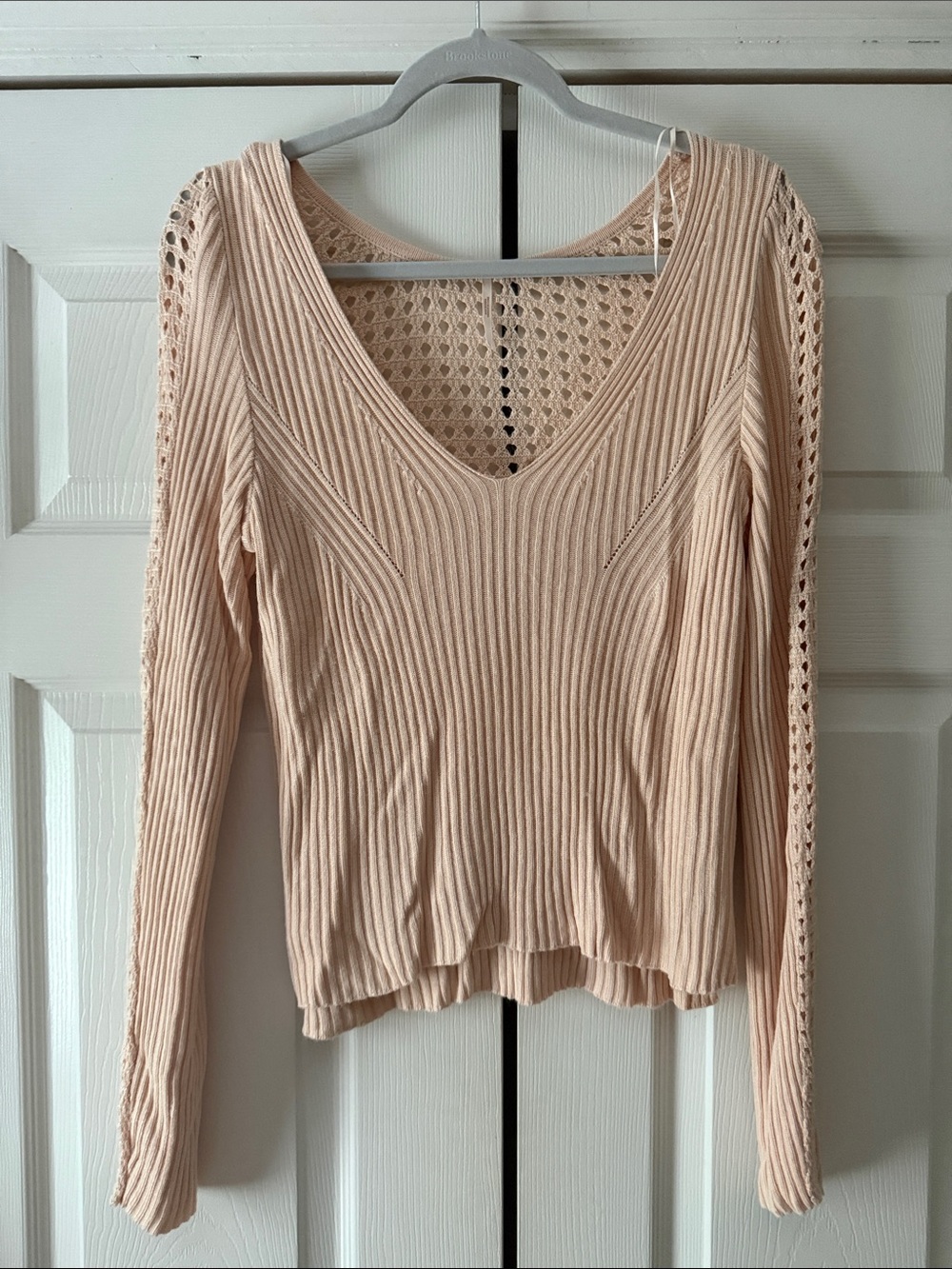 Free People Blush Ribbed V-Neck Long Sleeve Top